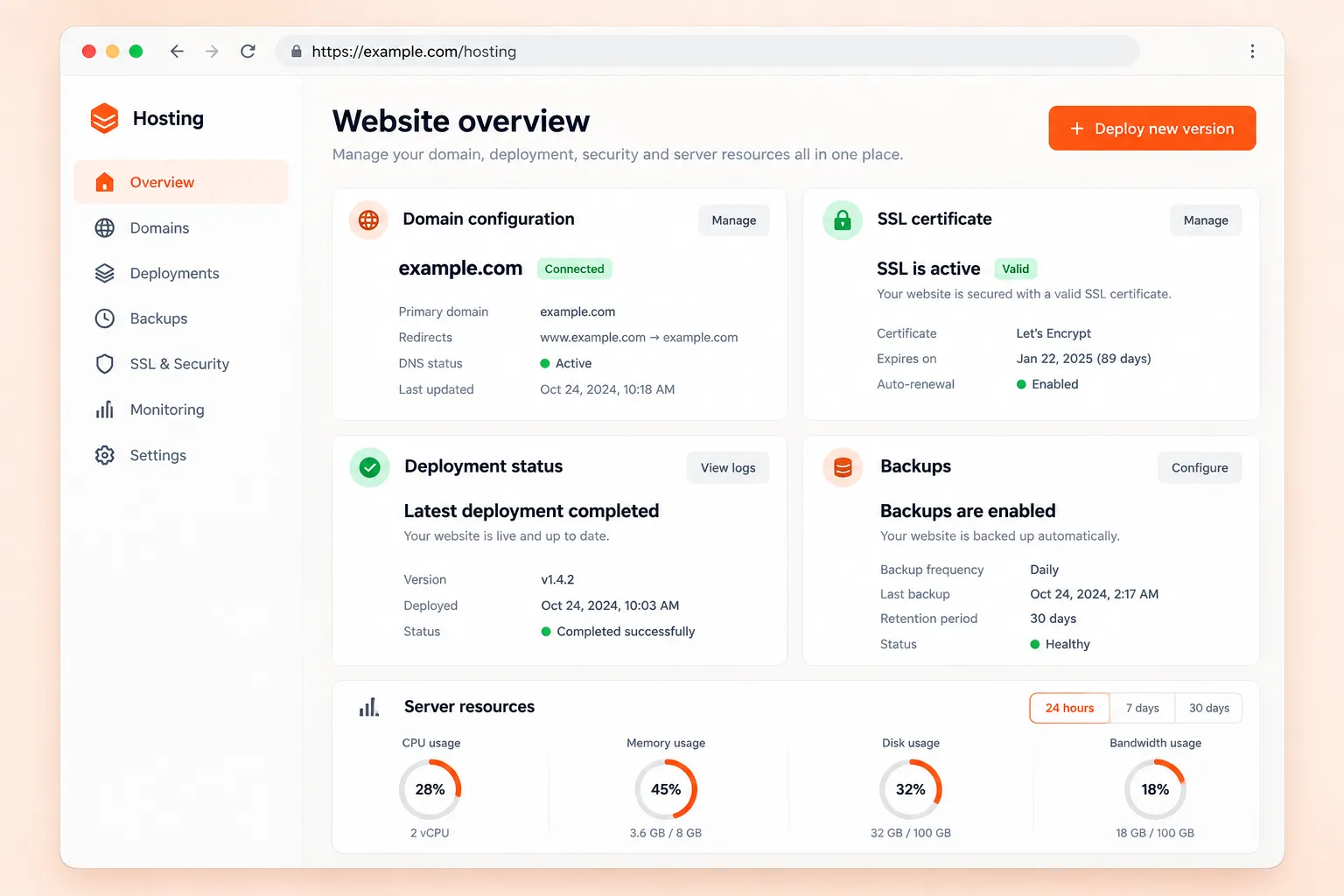 Website hosting management preview